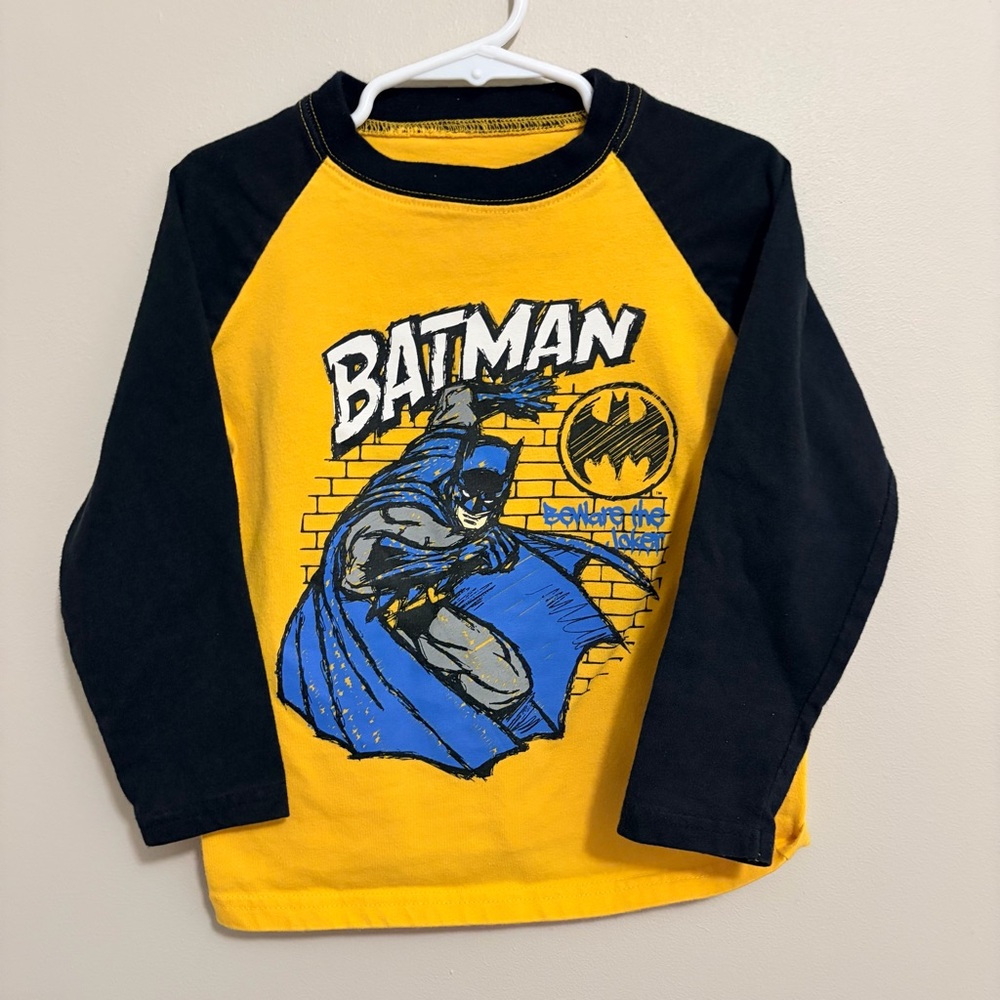 Batman Kids Two Tone Long Sleeve Baseball Tee - Black, Yellow, and Blue 4T Boys